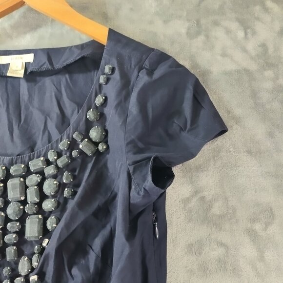 J Crew Womens Navy Jeweled Scoop Neck Tee Top 0 Embellished Cotton Style 21840 - Picture 4 of 11